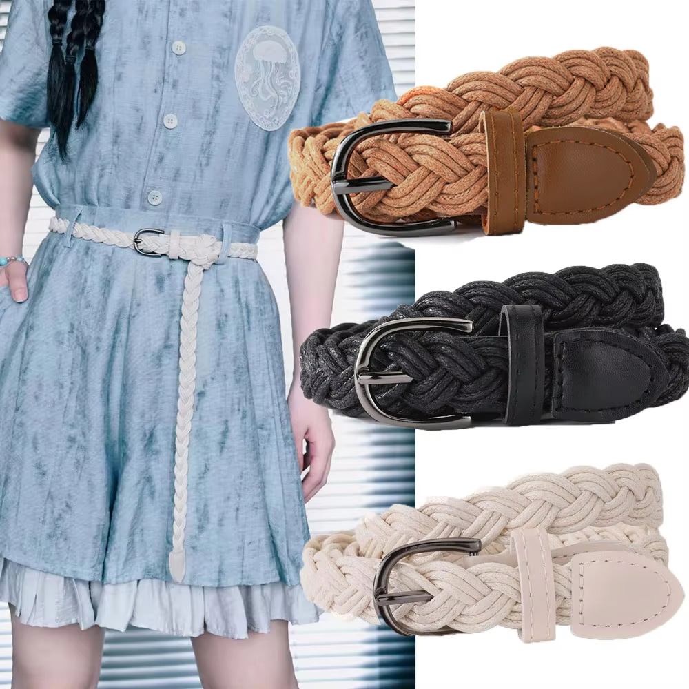 Off White Belt - Women's Retro Vintage Woven Thin Waistband