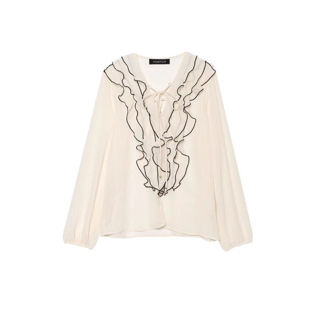 Off White Belt - Women's Layered Decorative Semi-transparent Shirt +