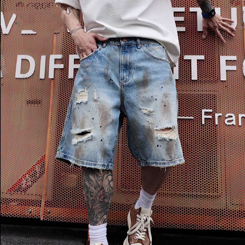 Streetwear Brand Pants - KIDWHXR Men's Denim Short Scontrast Color