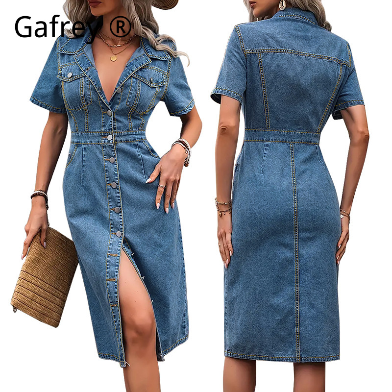 Plus Size Women Lapel Denim Dr - Streetwear Brand Pants 评论和价格