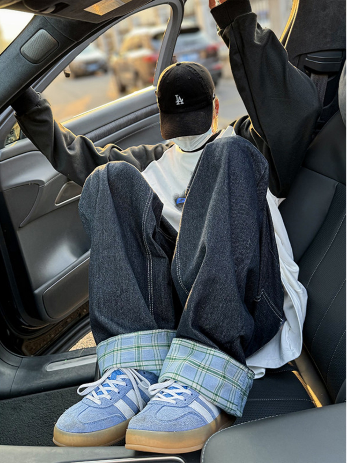 Retro American Spliced Wide Le - Streetwear Brand Denim 评论和价格