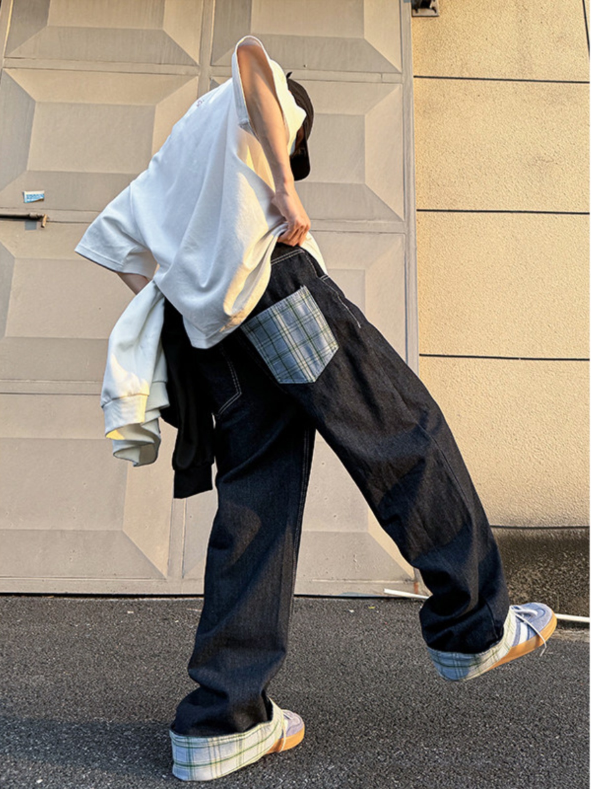 Retro American Spliced Wide Le - Streetwear Brand Denim 评论和价格